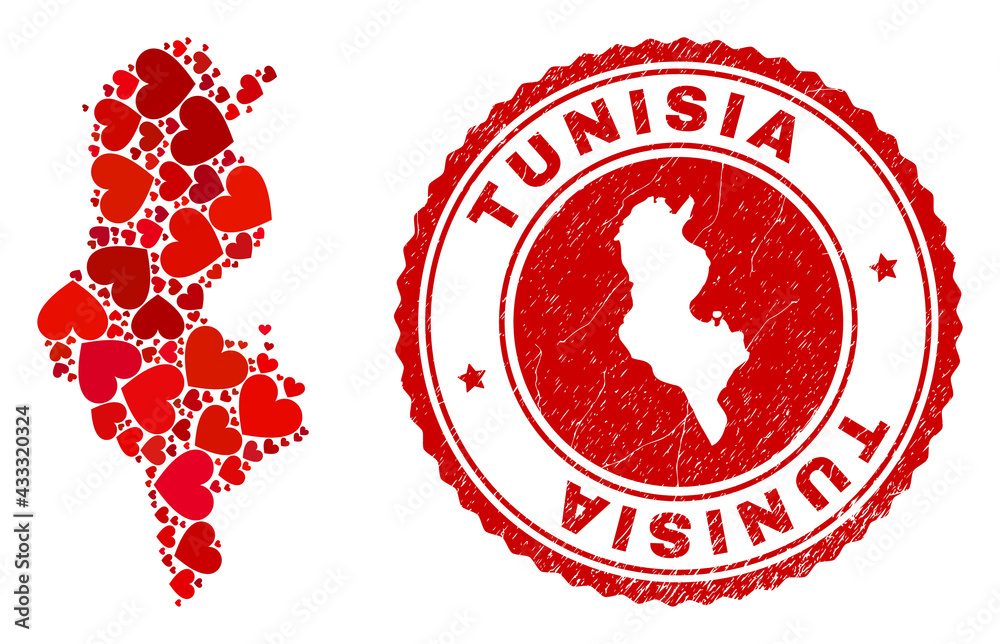 Fototapeta premium Collage Tunisia map created with red love hearts, and textured seal stamp. Vector lovely round red rubber seal stamp imprint with Tunisia map inside.
