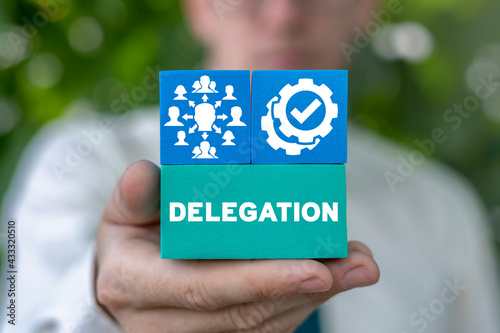 Concept of delegation. Business work organization and management. Responsibility, Delegating. photo