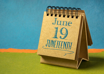 Juneteenth (June 19) in a desktop calendar – also known as Freedom Day, Jubilee Day, Liberation Day, and Emancipation Day – holiday celebrating the emancipation of those who had been enslaved in USA