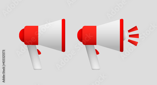 Realistic vector Megaphone. Red and white loudspeakers on a gray background.