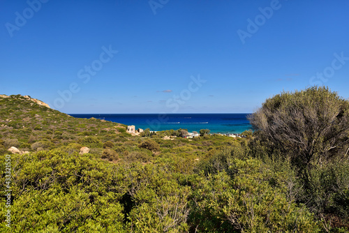 Typical landscape with evergreen maquis and pure lazur coast on the Spanish Tower and the beach Mare Pintau in Sardinia, Italy. photo