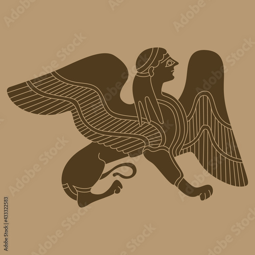 Fantastic winged female sphinx. Ancient Greek mythological creature. Half woman half lion. Monochrome brown  silhouette.