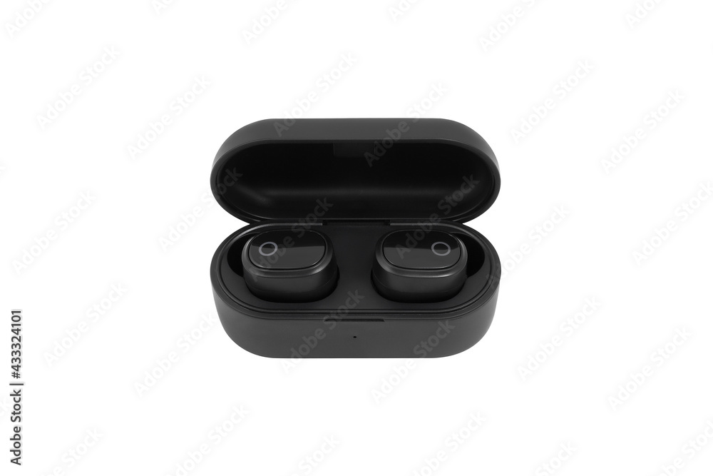 Modern black wireless earbuds headphones lying in charge case isolated on white background.
Modern black wireless earbuds headphones lying in charge case isolated on white background.