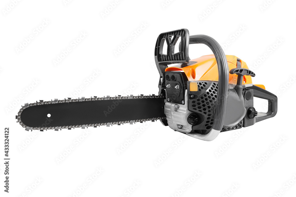 Gasoline chainsaw isolated on white background. Garden power tool - chain saw.
