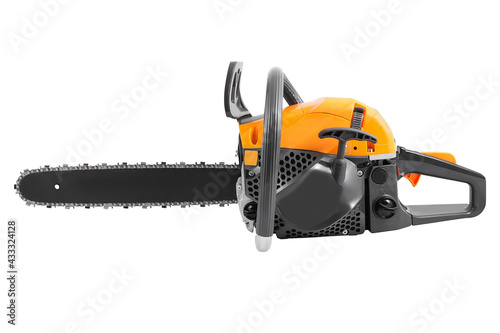Petrol chainsaw side view isolated on white background. Gasoline chain saw.
