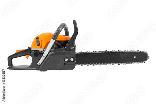 Petrol chainsaw side view isolated on white background. Gasoline chain saw.
