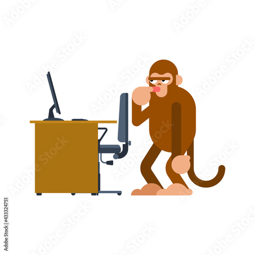 Monkey and PC. Ape man and computer. Monkey think