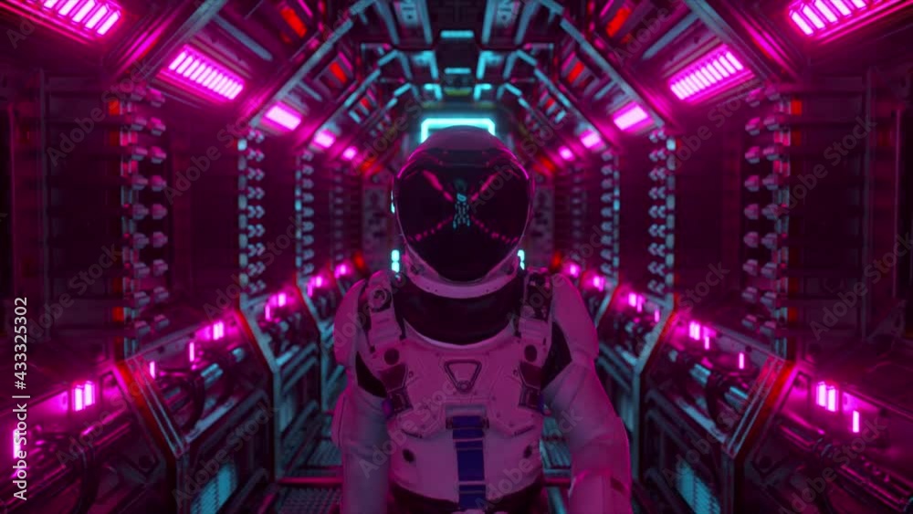 Astronaut walking in spaceship tunnel, sci-fi shuttle corridor. Futuristic abstract technology. Technology and future concept. Flashing light. 3D animation