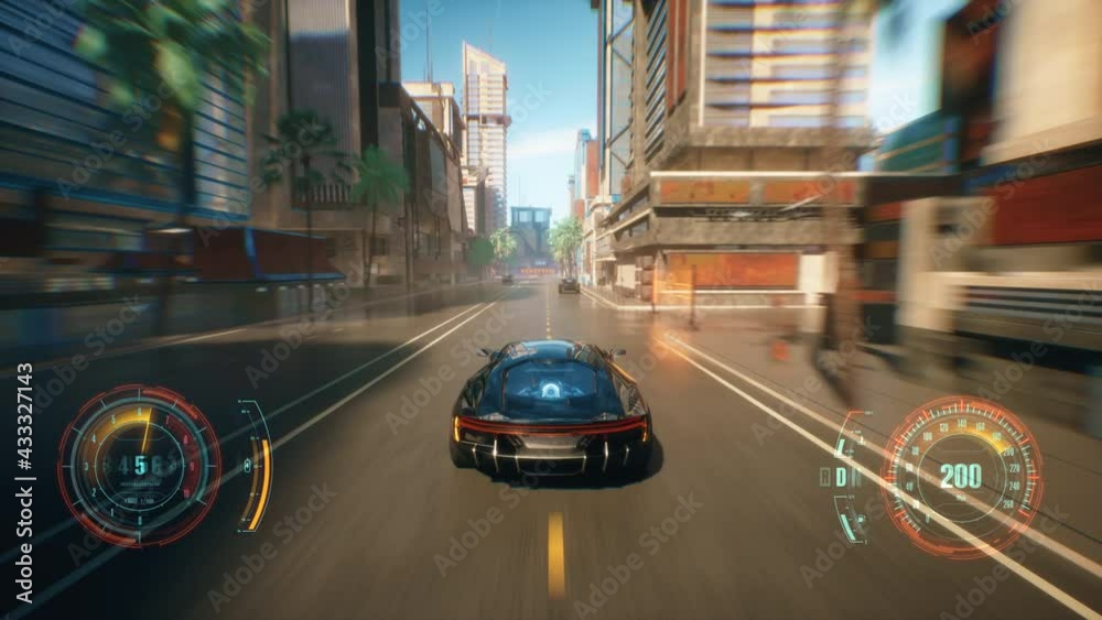 Fake 3D video game. 4K cyber racing fake game with HUD.