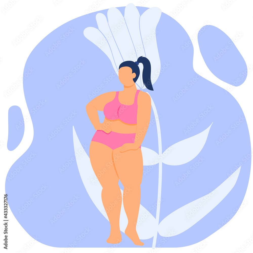 fat girl is proud of her body . self love. fat woman with curvy figure in lingerie. stock vector illustration isolated on white.