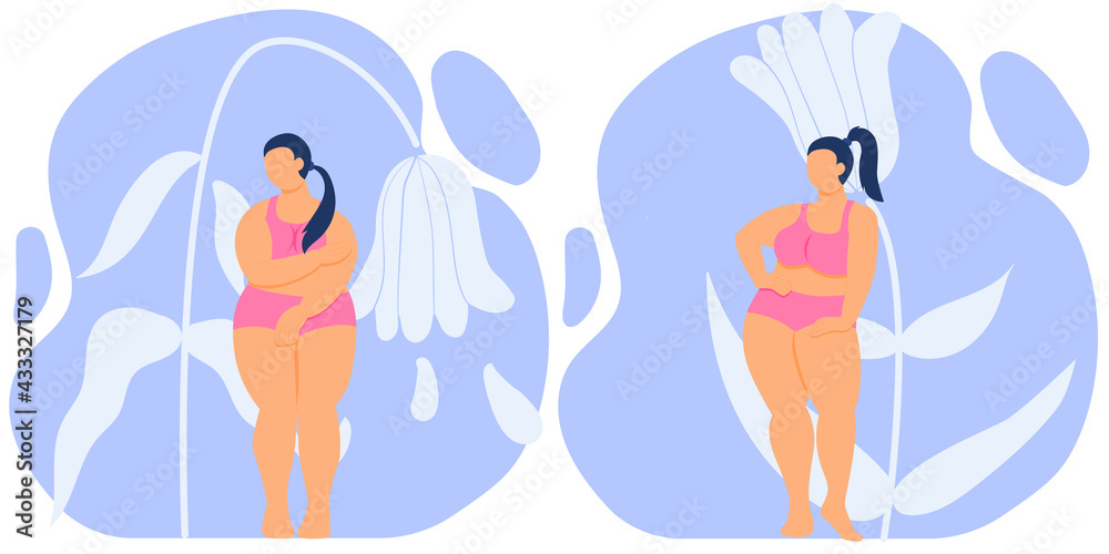 fat girl is proud of her body . self love. fat woman with curvy figure in lingerie. stock vector illustration isolated on white.