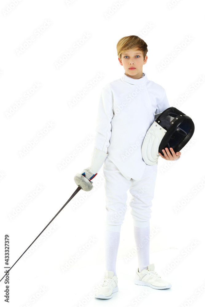 Boy in fencing costume posing with sabre and mask Boy in fencing costume posing with sabre and mask