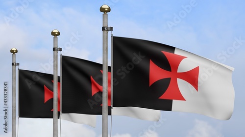 3D Knights templars flag waving on wind. Catholic military order medieval banner photo