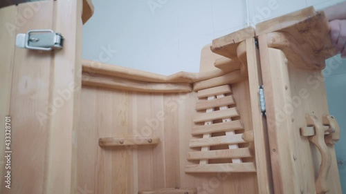 loseup cedar phytobarrel. Inside, grates on floor,back and seat, and handstands