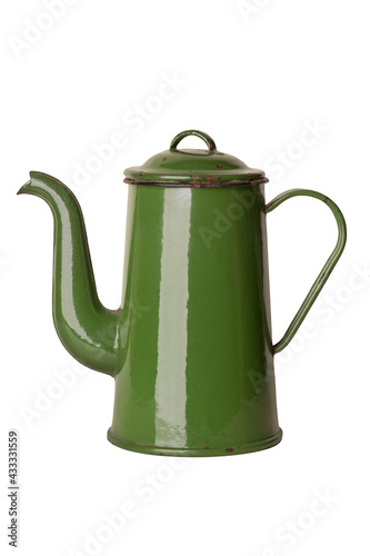 Old green coffee pot isolated on white background