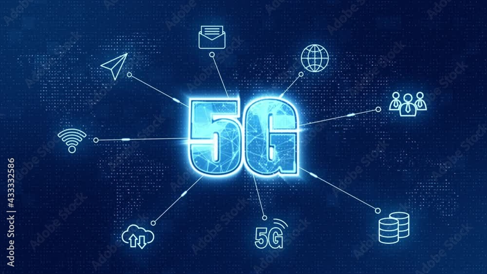 Motion graphic of Blue 5G icon network connection with technology icon on abstract background seamless loop video