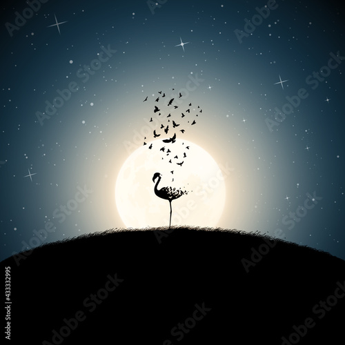 Flamingo on moonlight night. Endangered animal. Death and afterlife