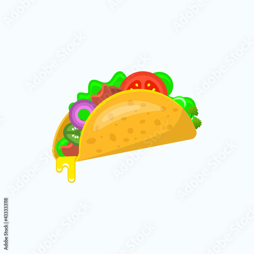 Taco with tortilla shell illustration. Mexican lunch flat vector icon.