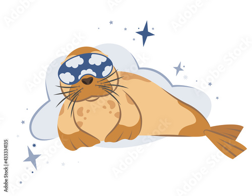 Sleeping cute seal. Dreaming concept art