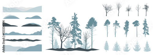 Creation of beautiful winter landscape, woodland, park or forest, set of design elements. Silhouettes of spruce trees, pines, bare trees, snow hill. Vector illustration.