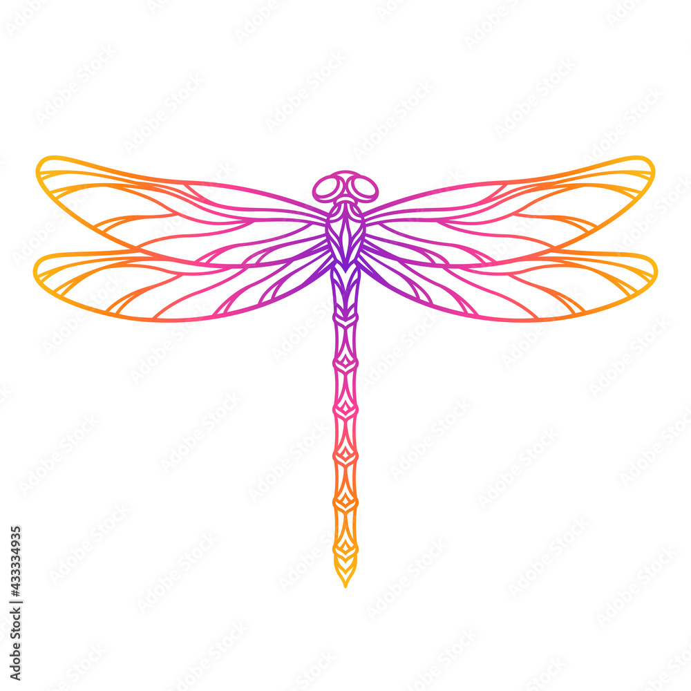 Vector outline dragonfly. Decorative insect silhouette. Template for laser and paper cutting, printing on a T-shirt, mug. Flat style. Hand drawn decorative element for your design. Isolated on white.