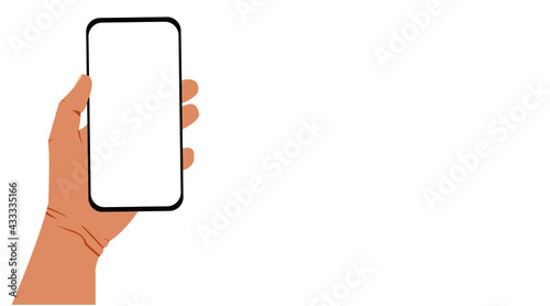 Vector design of smart phone in woman's hand. Free space for typing on the smartphone screen. Technology concept.