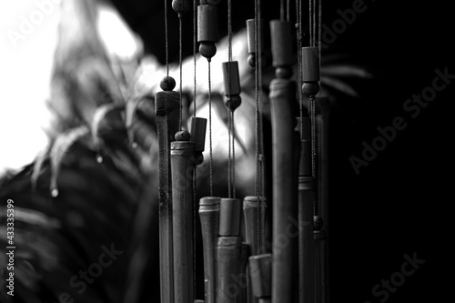bamboo wind chimes and leafs - black and white