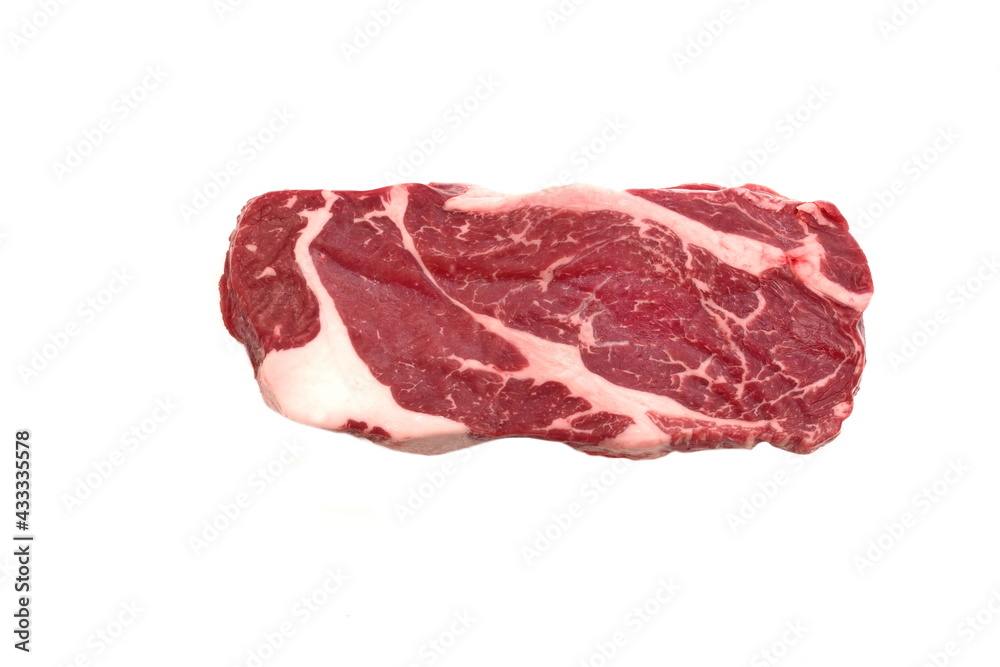 Striploin Beef Steak Isolated On White Background, Overhead View. Uncooked Prime Beef Raw Steak. Single Raw Sirloin Steak from Marbled Beef on White Background. Black Angus Chuck Beefsteak Meat.