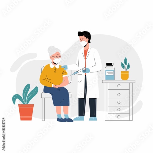 A doctor in a clinic giving a coronavirus vaccine to an elderly woman, concept illustration for immunity health. Immunization of adults, covid vaccine. Flat illustration isolated on white background