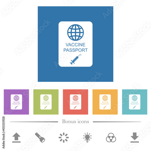 Vaccine passport flat white icons in square backgrounds