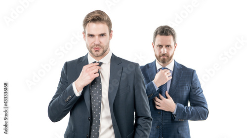 two successful entrepreneur in suit tie necktie isolated on white, businesslike