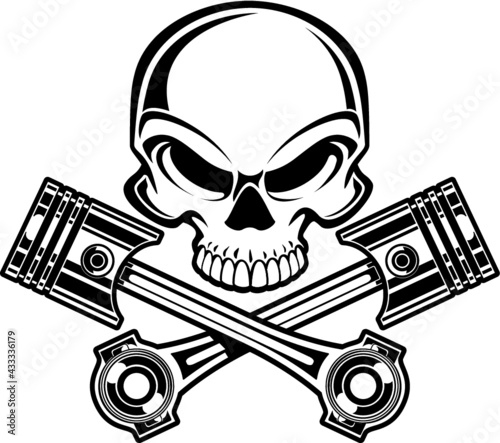 human skull with crossing wrenches and pistons