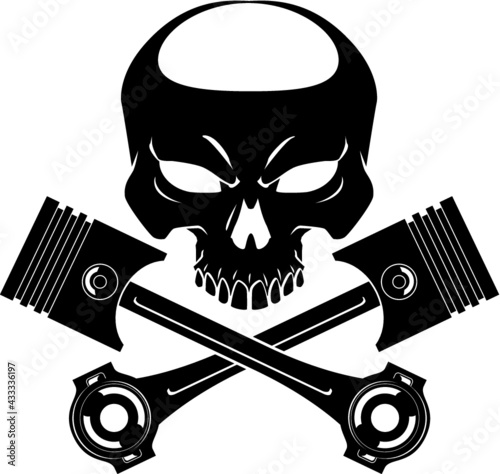 human skull with crossing wrenches and pistons