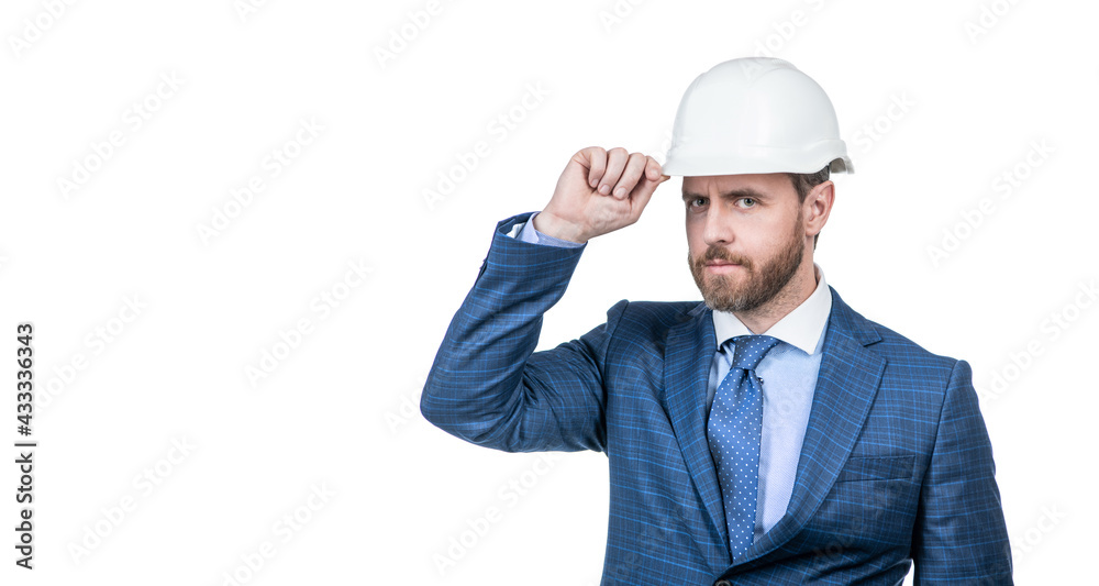 confident businessman man in suit and safety helmet isolated on white copy space, hello confident businessman man in suit and safety helmet isolated on white copy space, hello