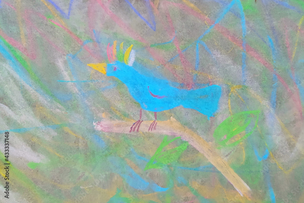 Drawing of a bright tropical blue bird, drawn by hand with crayons in a naive childish style