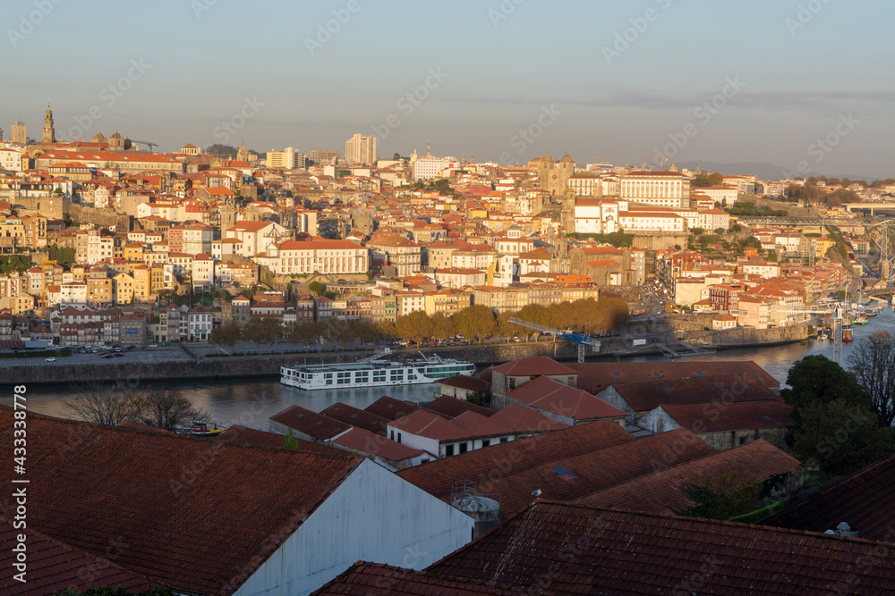 Panoramic view on old part of Porto city in Portugal on sunset