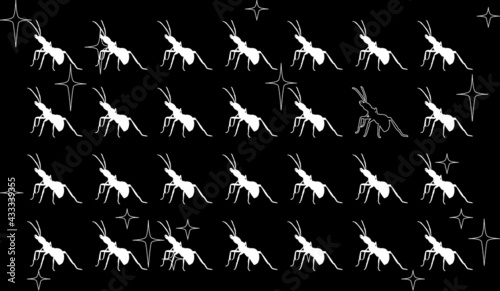 Ant invasion in the sky flat design vector illustration. Ants in a starry night. 2D cartoon japanese anime style hand drawn drawing. Aesthetic style background texture. Perfect for texturing 3D models