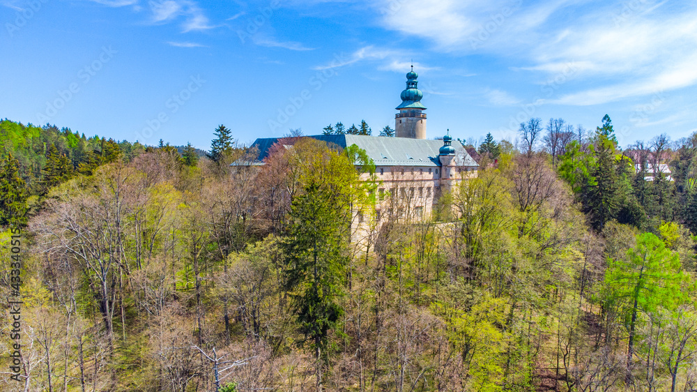 Lemberk Castle in the forests of Lusatian Mountains, Czech Republic. Aerial view from drone.