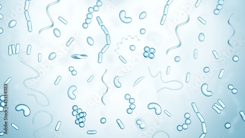 Different types of bacteria on a light background. Shapes. Blue color. 3d illustration. photo