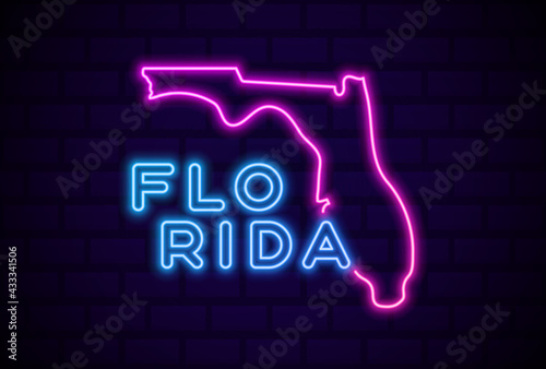florida US state glowing neon lamp sign Realistic vector illustration Blue brick wall glow