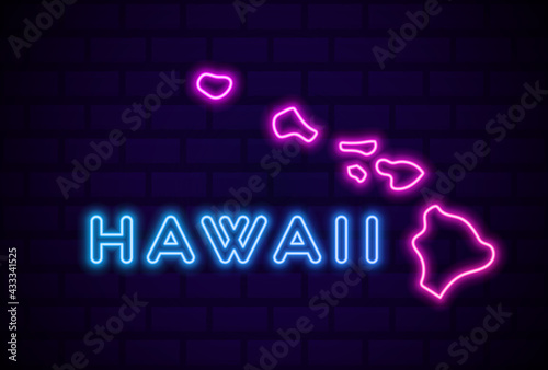 hawaii US state glowing neon lamp sign Realistic vector illustration Blue brick wall glow