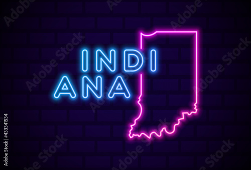 indiana US state glowing neon lamp sign Realistic vector illustration Blue brick wall glow