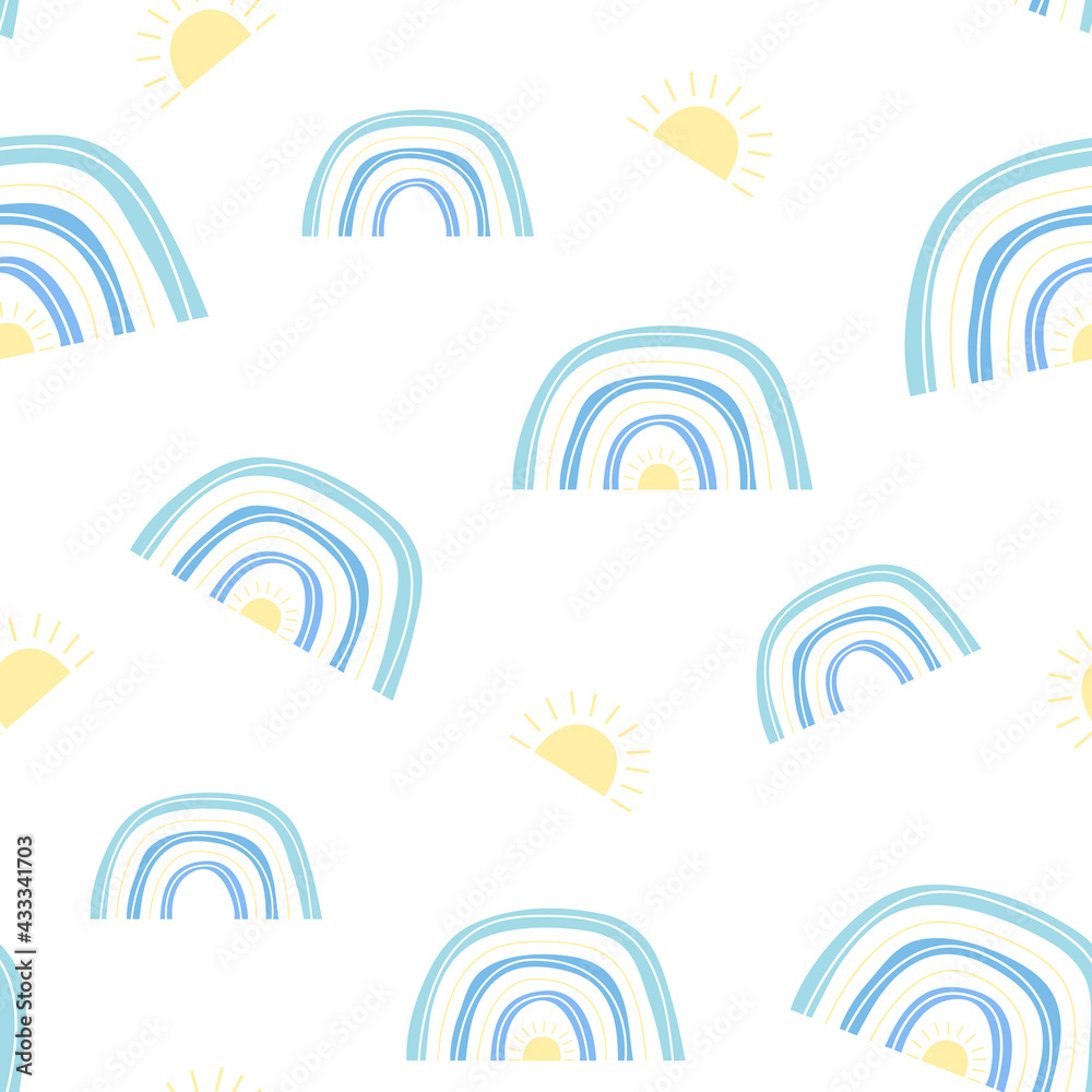 Summer seamless pattern of blue rainbows with suns. Scandinavian boho style, children's print, pastel colors. Boho print, texture from cute rainbows, wallpaper for nursery. For baby fabric and textile Summer seamless pattern of blue rainbows with suns. Scandinavian boho style, children's print, pastel colors. Boho print, texture from cute rainbows, wallpaper for nursery. For baby fabric and textile