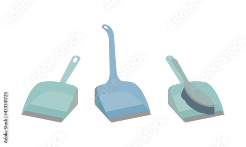 Scoops for cleaning. Dustpan with brush for cleaning dust and dirt. Plastic shovel with handle for sweeping. Sweep the floor, cleaning equipment. Stock vector illustration isolated on white background