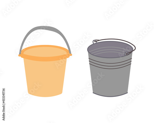 Two different buckets for cleaning. Washing floor pail. Plastic orange water bucket and metal galvanized gray bucket. Manual cleaning equipment. Stock vector illustration isolated on white background.