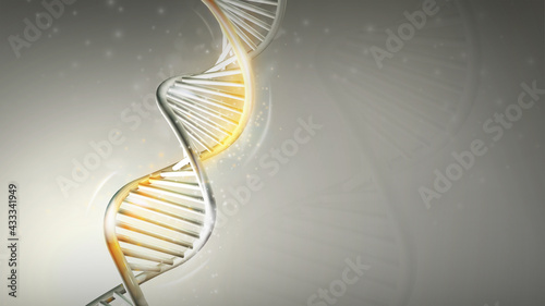 DNA model with golden glow on a light gray background, 3D render.