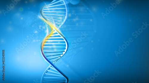 DNA helix model on a blue background, 3D render.