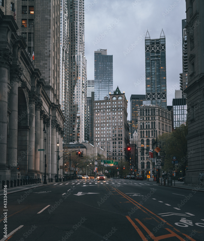 street New York City color blue sky building traffic car 