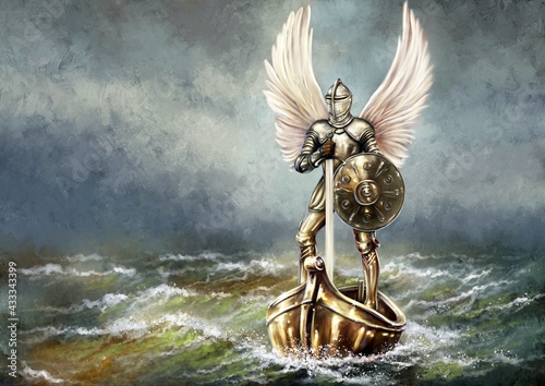 Dekoracja na wymiar  digital-oil-paintings-sea-landscape-angel-with-a-shield-and-medieval-sword-in-golden-boat-fine-art