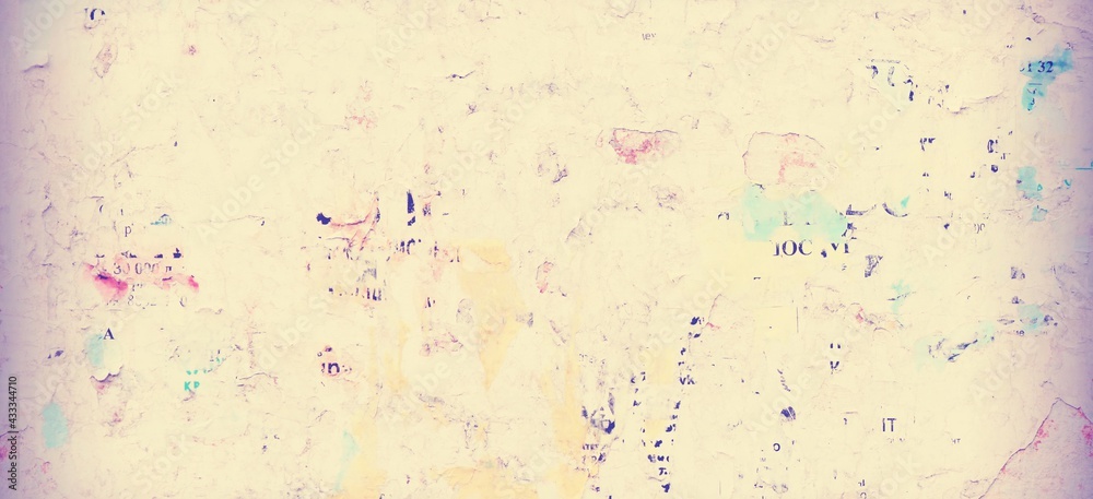 Fototapeta premium Vintage Billboard with Torn Poster, Paper, Ads, Stickers Wide Background Or Texture. Urban Creative Wallpaper for Design. Abstract Web Banner. Panoramic Backdrop and Creative Surface.